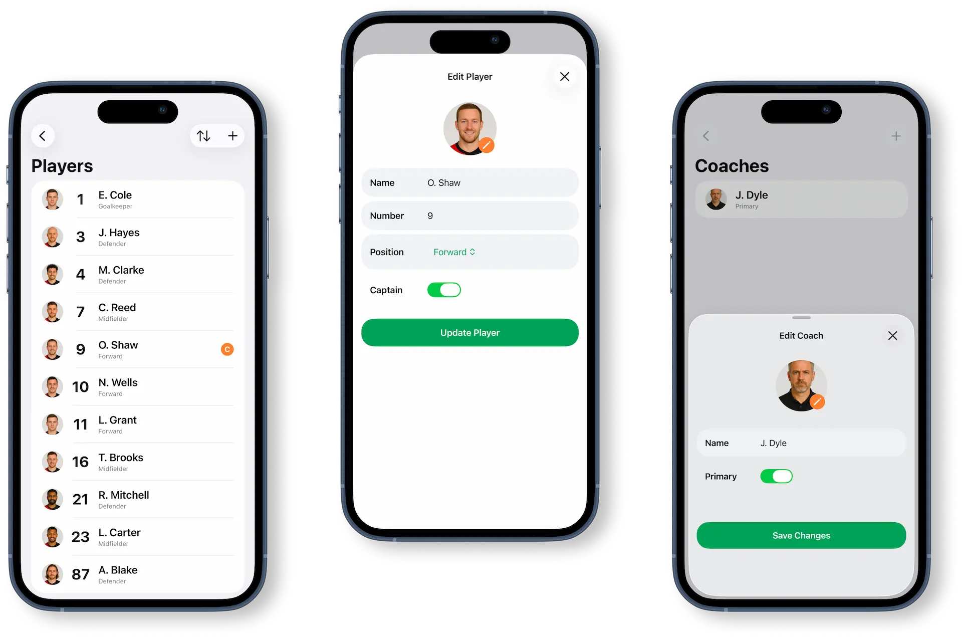 Manage players, coaches, and captain